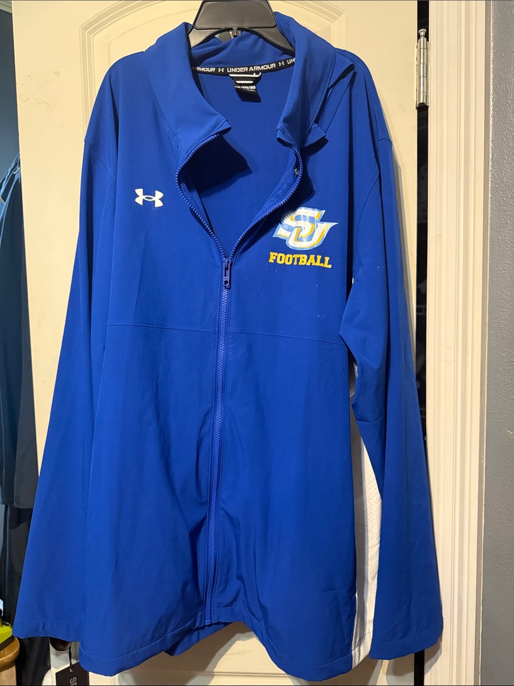 Under Armour Royal Blue Full-Zip Football Jacket hoodie tucked in collar